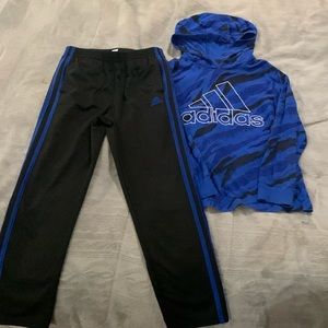 Blue, black, and white Adidas long sleeve with hood and matching sweatpants